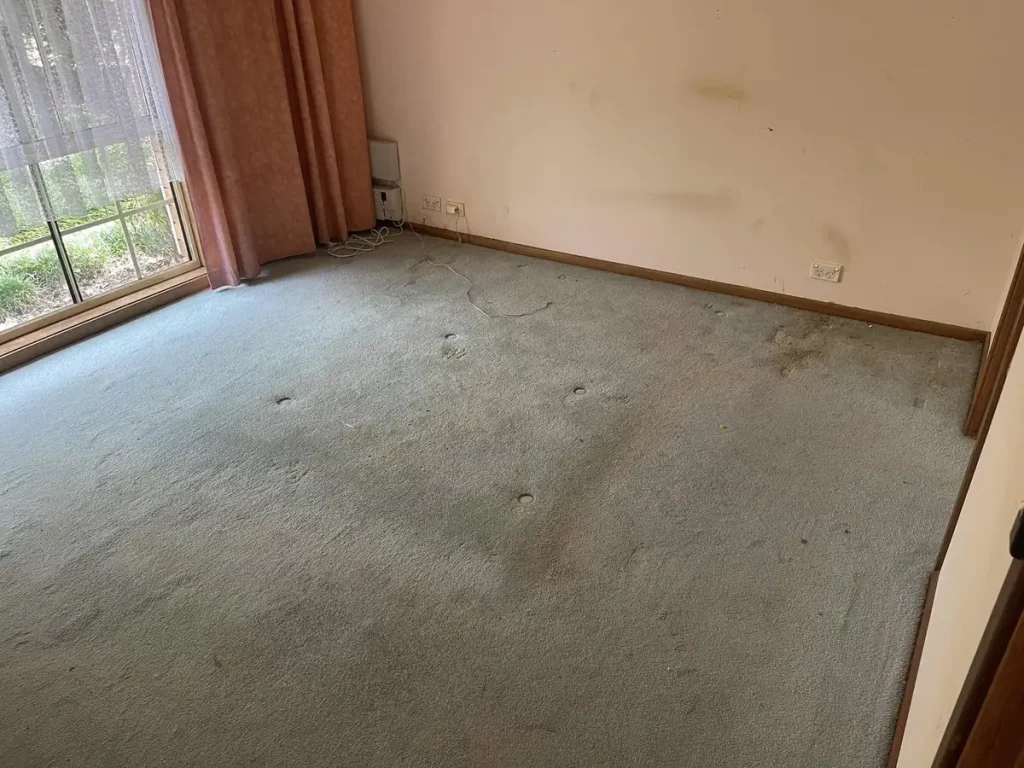 Worn, stained bedroom carpet in a Somersby home before cleaning